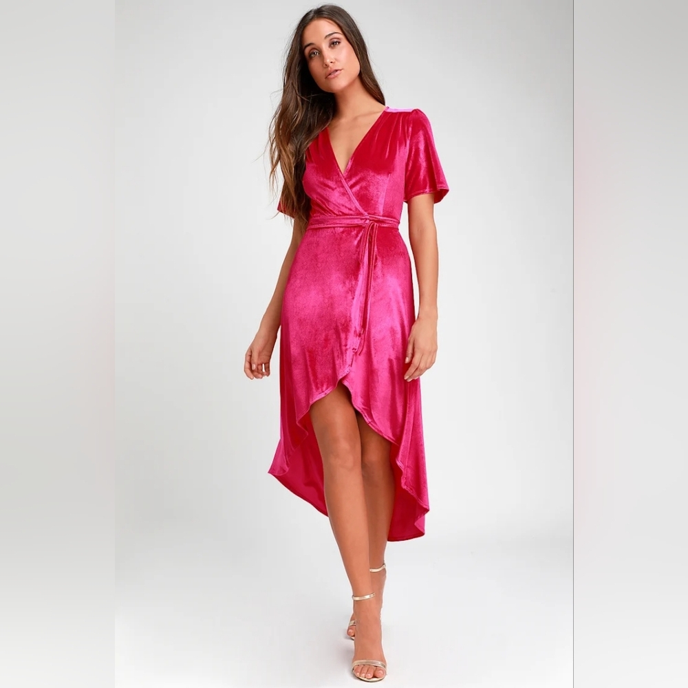 NWT Lulus Amour Hot Pink Velvet High-Low Wrap Dress Size Medium Party Holiday
